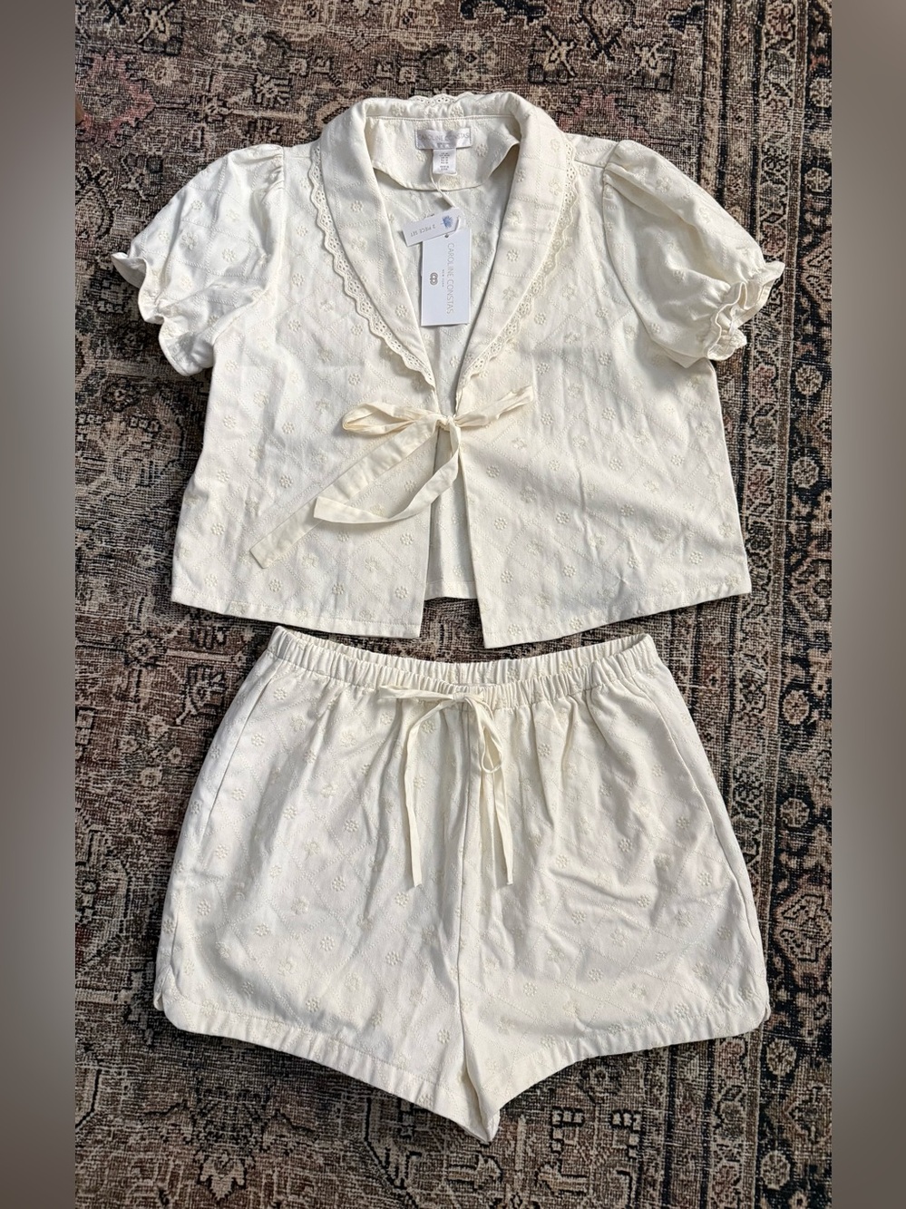 ☀️ BNWT Caroline Constas Cream Cotton Eyelet Shorts Set Sz M - Picture 3 of 6